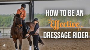A bay horse is worked in a dressage arena by two women in riding attire, practicing foundational movements such as the working trot and transitions. One rider, dressed in schooling clothes, sits in the saddle while an instructor offers direction from the ground, focusing on accuracy of aids and rider alignment. The text “How to Be an Effective Dressage Rider” appears on-screen. Trees form the backdrop beyond the arena.