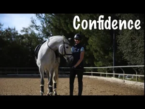 A person in riding gear stands beside a white horse in an outdoor arena, with trees in the background. The word Confidence is written in large white letters, highlighting key horse confidence tips for riders and ways to build confidence with your horse.