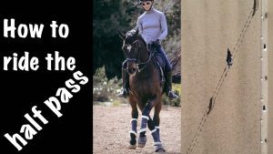 A rider on a dark horse performs the riding half pass; a diagram on the right shows the horse’s path. Large white text on black reads, How to ride half pass.