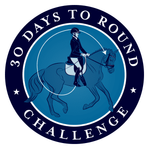 A circular logo featuring a rider on a horse outlined in blue, highlighting the 30 Days to Round challenge. White text and stars encircle the design on a dark blue background, emphasizing the spirit of this unique 30 Days to Round event.