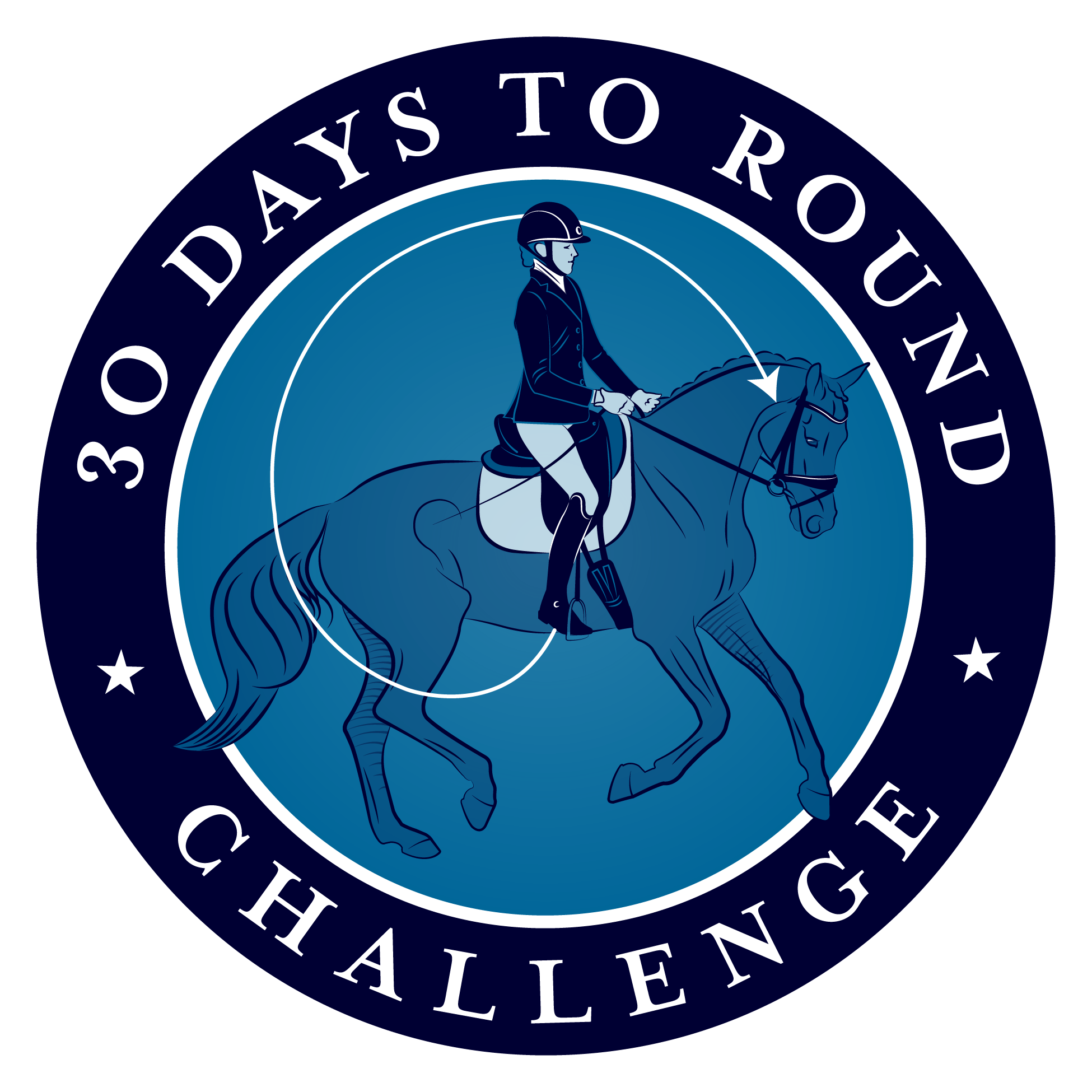 A blue circular logo with a rider on a horse in the center. Text around the edge reads “30 Days to Round Challenge.” The rider wears a helmet and formal riding attire.