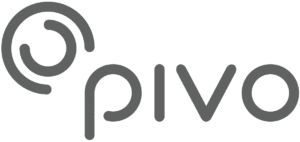 The image displays the word Pivo in a modern, rounded gray font, with a circular design resembling a stylized letter p or swirl to the left—reflecting Pivo’s innovative spirit to Film your Ride with style.