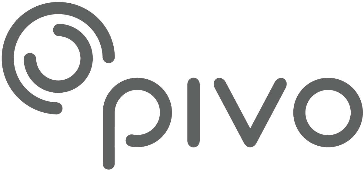 The image displays the word Pivo in a modern, rounded gray font, with a circular design resembling a stylized letter p or swirl to the left—reflecting Pivo’s innovative spirit to Film your Ride with style.