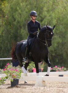 A person dressed in black equestrian gear and helmet rides a black horse with white leg wraps in a dressage arena, showcasing their Free Rider Position skills, surrounded by greenery and potted flowers.