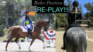 Split image: Left side shows a rider on a chestnut horse with posture diagrams and arrows; right side shows another rider from behind on a grey horse in an outdoor arena. Text reads Rider Position Masterclass RE-PLAY!!!.