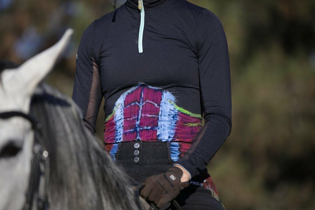A person wearing a black long-sleeve shirt with a colorful, ribcage-like design, representing Free Rider Fitness, rides a gray horse. Only the person’s torso and gloves are visible, with blurred greenery in the background.