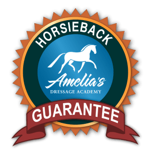 amelia_horsey_badge-v2 A circular badge featuring a horse silhouette and Amelias Dressage Academy in the center, surrounded by HORSEBACK GUARANTEE, with a red banner at the bottom—perfect for your Groundwork Masterclass achievements.