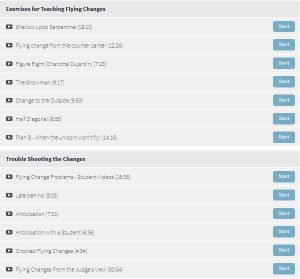 A list of online video lessons from the Flying Changes Course, covering teaching and troubleshooting flying changes in skating, each with a title, duration, and a blue Start button on the right side of the row.