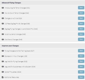A Dressage Course featuring video lessons on advanced flying changes and improving flying changes in horse training. Each lesson has a title, duration, and Start button. The list is divided into two sections with multiple lessons in each.