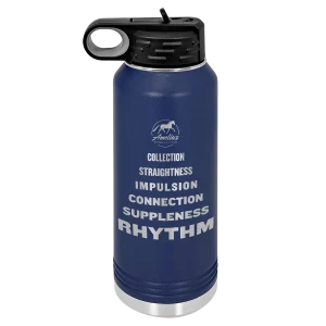 A blue 32 Oz training water bottle with a black lid and straw, featuring white text listing: Collection, Straightness, Impulsion, Connection, Suppleness, Rhythm, plus a horse logo and “Amelia’s” at the top.