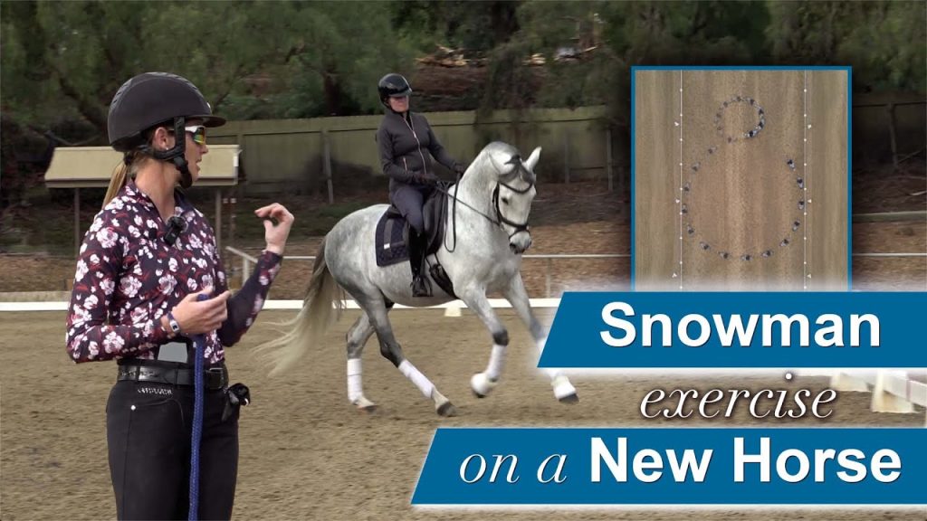 A woman instructs another rider on a gray horse in an outdoor arena, with an aerial diagram of a snowman-shaped riding pattern and text reading Snowman exercise on a New Horse.