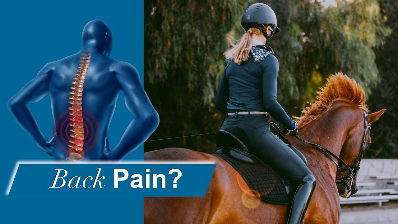 Split image: Left side shows a graphic of a person’s spine with red highlights indicating back pain. Right side shows a woman wearing riding gear, riding a brown horse outdoors. Text reads Back Pain?.
