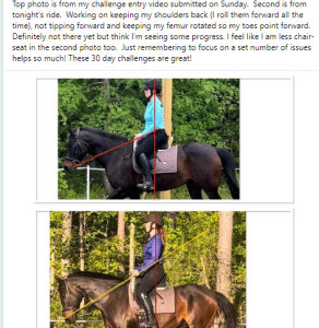 Two photos show a rider on a dark horse, their posture marked by red and yellow lines. Captured in a green, wooded setting, the rider wears a helmet, blue top, and black pants. Perfect as an Elementor Loop Item for equestrian content.