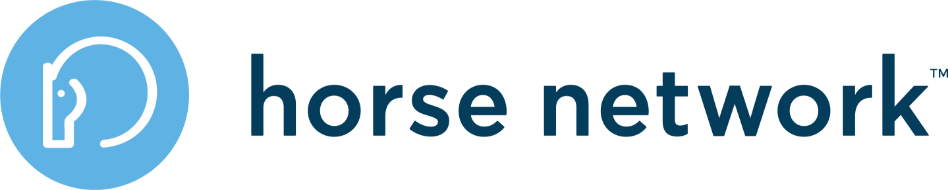 A blue circle with a minimalist white outline of a horse’s head next to the words “Horse Network” in dark blue lowercase letters, representing a hub for equestrian updates and horse news.