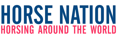 Logo with large blue text reading HORSE NATION and smaller pink text underneath that says HORSING AROUND THE WORLD, featuring a clean white background—perfect for fans of horses, Dressage Training, and global equestrian adventures.