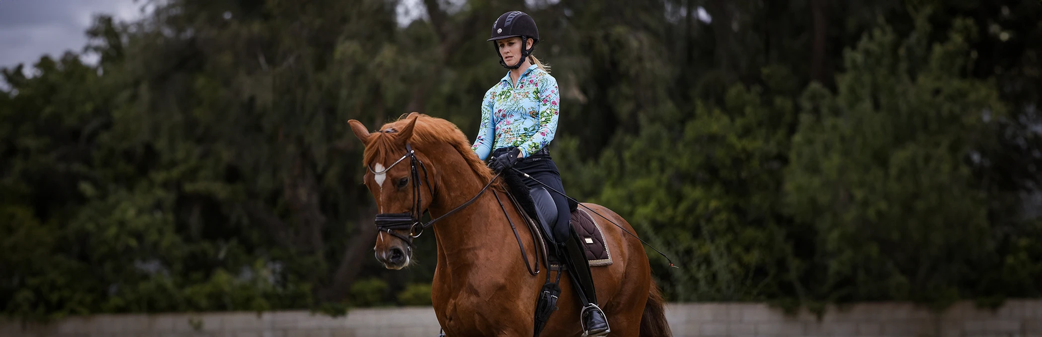 A person wearing a black helmet, colorful long-sleeve shirt, and black pants rides a chestnut horse outdoors during dressage training, with trees and greenery in the background.