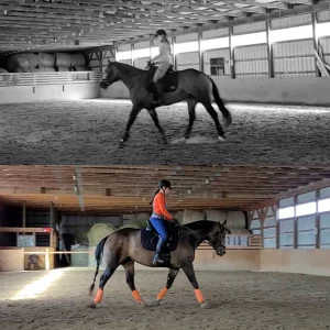 Split image of a person riding a horse in an indoor arena during the Round 2023. The top half is grayscale, while the bottom features bold color—a bright orange shirt for the rider and orange wraps on the horse, capturing the spirit of the 30 Days challenge.