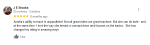 A Google review by J E Brooks gives 5 stars and praises Amelia for her exceptional teaching skills, clear explanations, and the positive impact of her 30 Days to Round workout program on the reviewer’s riding abilities.