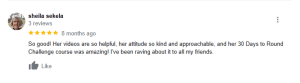 A review by Sheila Sekela with 3 stars, praising helpful videos, a kind attitude, and the 30 Days Challenge course. She says she's been recommending Round 2023 to her friends. The review was posted 8 months ago.