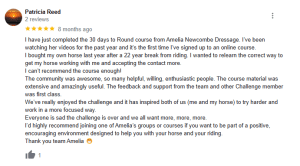 A five-star Google review by Patricia Reed describes her positive experience with the 2023 "30 Days to Round" horse riding fitness challenge by Amelia Newcombe Dressage. She praises the course, support, and community, and highly recommends it.
