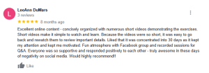 A Google review by LeeAnn DuMars praises the 30 Days to Round 2023 online course for its concise, short videos, supportive community, and positive atmosphere. The review is marked with five stars and is from 8 months ago.