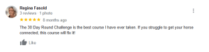 A Google review by Regina Fasold rating the 30 Days to Round course 5 stars, stating it is the best she has taken and helps improve connection with your horse. The review was posted 8 months ago and has 1 like.