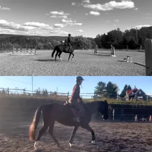 A split image shows a person riding a horse in an outdoor arena during the 2023 "30 Days to Round" fitness challenge. The top half is black and white with jumps in the background; the bottom half is in color, showing a house and trees behind the arena.