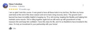 A Google review by Diana Colombus with 5 stars, praising the Groundwork Essentials course for helping her keep her 19-year-old horse moving and confident after recovery, and expressing gratitude for the class and its lasting value.