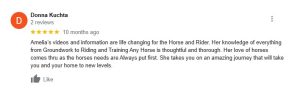 A Google review by Donna Kuchta, rated 5 stars, praises Amelia’s Groundwork Essentials horse training videos for being thorough, thoughtful, and beneficial for both horse and rider, highlighting Amelia’s expertise and passion for horses.