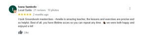 A Google review by Ivana Sambolic praises the Groundwork Essentials masterclass and teacher Amelia, noting precise lessons, helpful exercises, and lifetime access. The review includes a smiling emoji and states they both enjoyed the class.