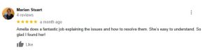 A Google review by Marian Stuart with 5 stars praises Amelia for explaining Strides Enrollment issues clearly and being easy to understand, saying she is glad to have found her. The review was posted a month ago and has 1 like.
