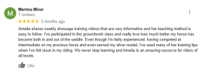 A Google review by Martina Miner with a five-star rating, praising Amelia's dressage training videos for their clear teaching of essentials and groundwork, making them useful to riders of all experience levels.