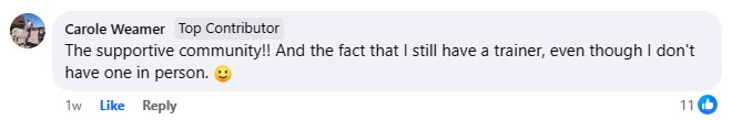Carole's review, "The supportive community!! And the fact that I still have a trainer, even though I dont have one in person".