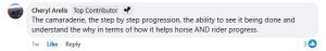 Cheryl's review, "The camaraderie, the step by step progression, the ability to see it being done and understand the why in terms of how it helps horse AND rider progress".