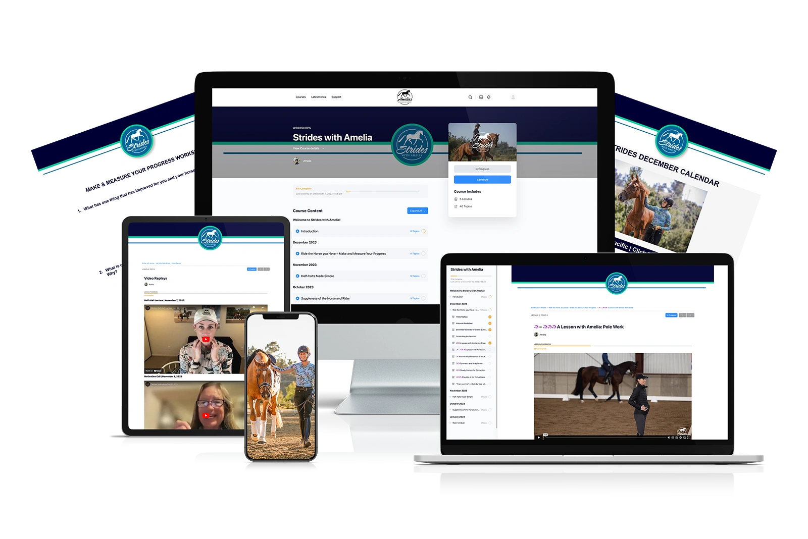 Mockup on multiple different device screens of the contents of Strides.