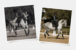 Before and after photos of Amelia Newcomb riding a grey horse.