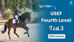 A rider in formal attire guides a dark horse in an arena. Text on the right reads: Let's Ride! Fourth Level Test 3, 2023 version. Logos and palm trees are visible in the background.