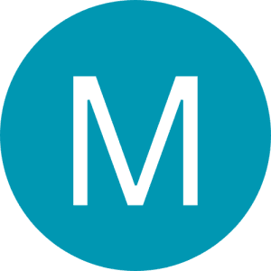 A bold, white capital letter M, representing Newsletter, is centered on a solid teal blue circular background.