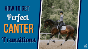 A rider in a helmet and patterned shirt canters a brown horse in an outdoor arena. Text reads: “How to Get Smooth Canter Transitions.” Logo of Amelia Newcomb Dressage is in the bottom right corner.
