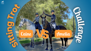 Two riders, Caine and Amelia, high-five on horseback under the trees. Text reads "Sit the Trot Challenge" and "Caine VS Amelia" in orange and white on a blue background.