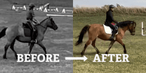 A split image showcases a rider on horseback in a black-and-white Before photo and a vibrant color After photo, both in a grassy field. Text and an arrow between them highlight the progress from the 5 Day Riding Bootcamp 2024.