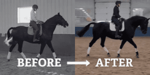 Split image showing a rider on a black horse indoors: left side labeled “Before” in black and white, right side labeled “After” in color; horse’s posture improved after the 2024 Riding Bootcamp. White arrow points from before to after.