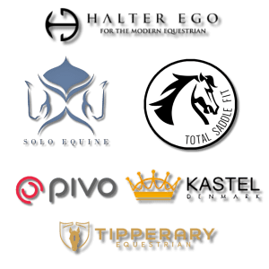 A collage of six equestrian brand logos features Halter Ego, Solo Equine, Total Saddle Fit, Pivo, Kastel Denmark, and Tipperary Equestrian on a light background—perfect inspiration for your 2024 Riding Bootcamp.