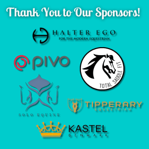 Thank You to Our Sponsors! Logos of Halter Ego, Pivo, Total Saddle Fit, Solo Equine, Tipperary Equestrian, and Kastel Denmark are displayed on a teal background in celebration of the 2024 Riding Bootcamp.