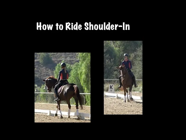 Two photos show a person wearing a helmet and riding a horse in an outdoor arena, demonstrating the shoulder-in dressage movement. Text above reads How to Ride Shoulder-In on a black background—perfect for horse riding enthusiasts.