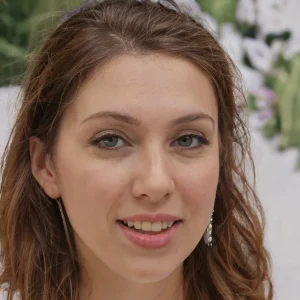 A young woman with wavy brown hair and light eyes smiles softly at the camera. She is wearing a white top, dangling earrings, and stands in an outdoor 2024 setting with blurred greenery and white flowers in the background.