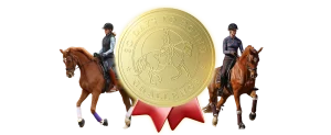 Two horseback riders in equestrian gear ride brown horses on either side of a large gold medal that reads 30DTR 3.0 V2 – 30 Days to Round Challenge, with a red ribbon at the bottom of the medal.