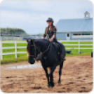 A person wearing a helmet rides a black horse in a sandy fenced arena, practicing skills inspired by the Flying Changes Webinar, with a barn and green pasture in the background.