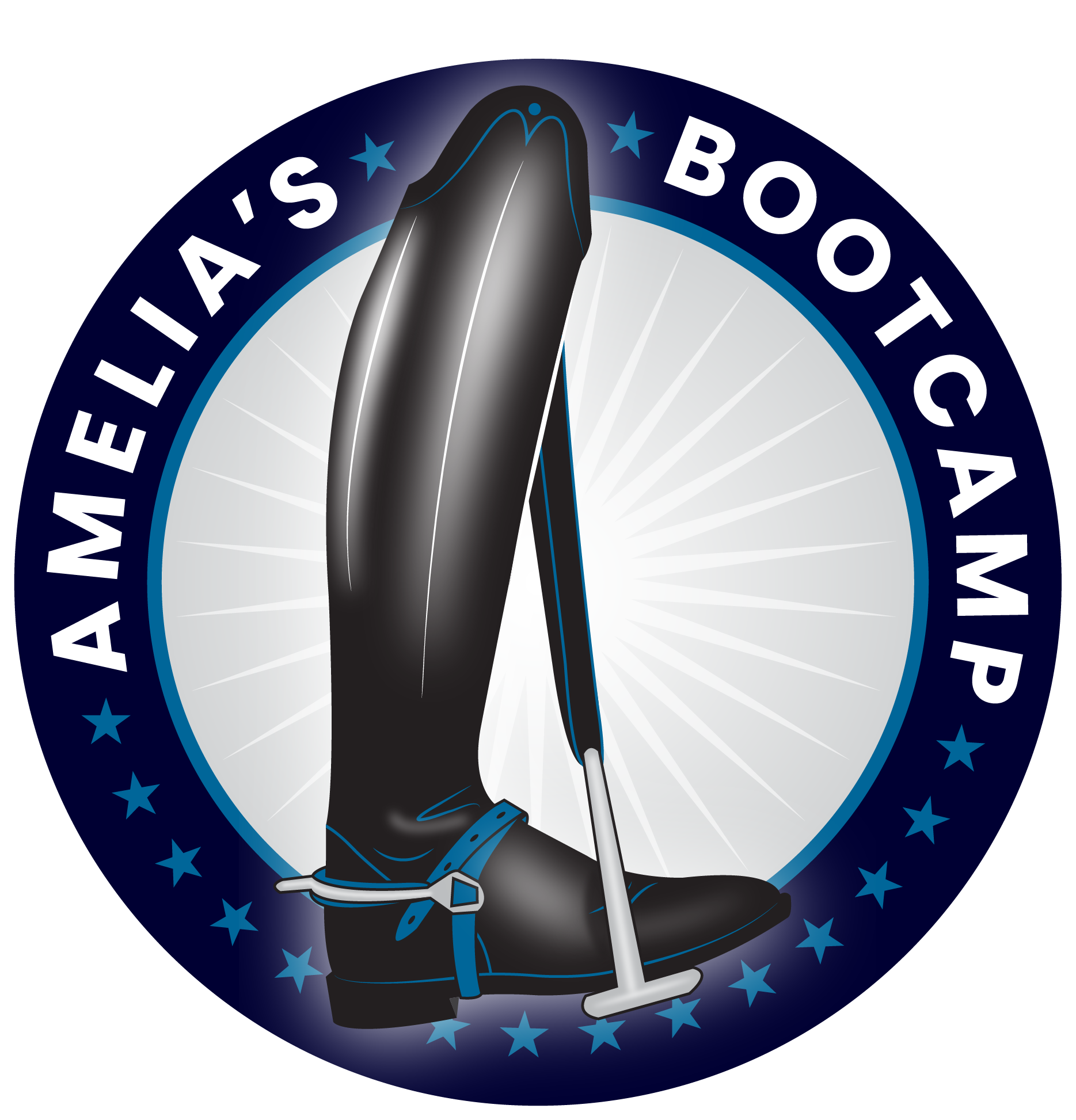 A logo featuring a tall black riding boot with a spur and a crop, set against a starburst background. The words Amelias Bootcamp encircle the boot, with blue stars lining the border—perfect for your 2025 riding bootcamp.
