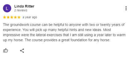 A five-star review by Linda Ritter praises a groundwork course, mentioning its usefulness for all experience levels and highlighting lasting benefits, especially lateral exercises for warming up her horse even a year later.